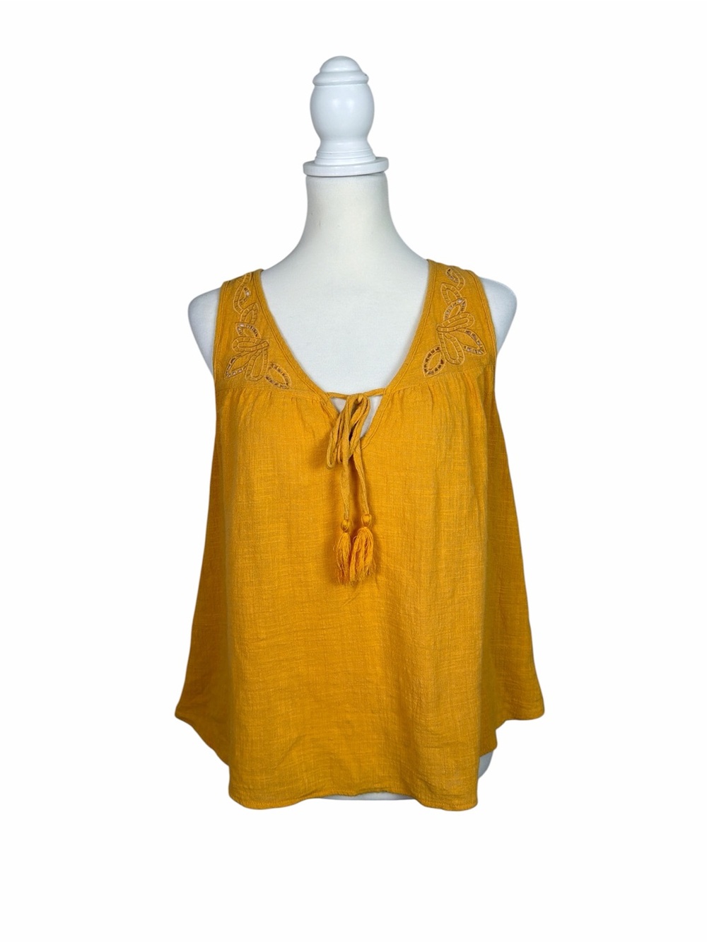 Braeve Mustard Yellow Boho Tank Top Medium Cotton Embroidered Sleeveless Peasant